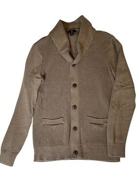 Gap Mens Waffle Knit Shawl Collar Cardigan M Brown Button Front Pockets Coastal